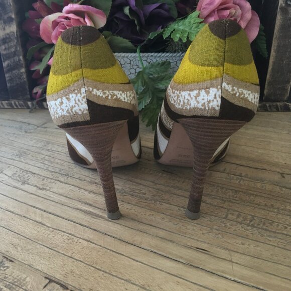 Miu Miu Gold Brown and Green Fabric High Heels Size 35 1/2 (but fit like size 6) - Picture 8 of 10